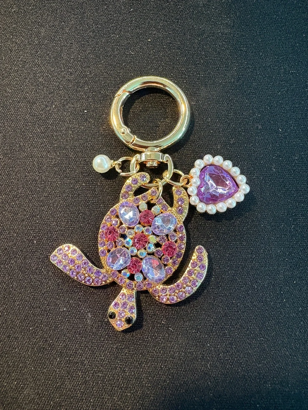 Gold-Tone Purple Crystal Turtle Keychain Charm
